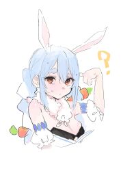Rule 34 | 1girl, ?, animal ears, blue hair, braid, breasts, carrot, cleavage, closed mouth, commentary request, hand up, highres, hololive, iq033, looking at viewer, medium breasts, multicolored hair, rabbit-shaped pupils, rabbit ears, simple background, sketch, solo, symbol-shaped pupils, two-tone hair, upper body, usada pekora, usada pekora (1st costume), virtual youtuber, white background, white hair