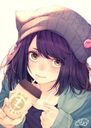Rule 34 | 1girl, animal ears, animal hat, beanie, beige background, black hair, black shirt, blush, chita (ketchup), closed mouth, collarbone, commentary request, cup, disposable cup, drinking straw, fake animal ears, green jacket, grey hat, hat, highres, holding, holding cup, jacket, long sleeves, looking at viewer, open clothes, open jacket, original, pointing, red eyes, shirt, signature, simple background, sleeves past wrists, solo, upper body