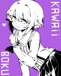 Rule 34 | 1girl, bad id, bad twitter id, blush, greyscale, greyscale with colored background, hair between eyes, hair flaps, hair ornament, hairclip, heart, idolmaster, idolmaster cinderella girls, index finger raised, koshimizu sachiko, long sleeves, looking at viewer, mg pong, monochrome, purple background, romaji text, short hair, simple background, skirt, solo