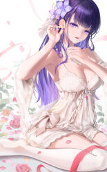 Rule 34 | 1girl, absurdres, adjusting earrings, alternate costume, alternate hairstyle, armpits, blunt bangs, breasts, chemise, choker, cleavage, detached collar, detached sleeves, earrings, falling petals, flower, genshin impact, hair flower, hair ornament, hands up, highres, jewelry, kns hanazuna, lace-trimmed choker, lace trim, lipstick, long hair, makeup, medium breasts, nail polish, no shoes, parted lips, petals, purple eyes, purple flower, purple hair, purple nails, raiden shogun, red flower, red rose, rose, short sleeves, sitting, solo, thighhighs, wariza, white background, white chemise, white thighhighs, wide sleeves