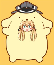 Rule 34 | 10s, 1girl, anchor hair ornament, animal costume, black ribbon, blonde hair, blush, commentary request, dog costume, female focus, full body, green eyes, hair ornament, hat, highres, kamelie, kantai collection, long hair, looking at viewer, low twintails, military hat, one-hour drawing challenge, open mouth, orange background, peaked cap, pompompurin, prinz eugen (kancolle), ribbon, sanrio, simple background, smile, solo, twintails