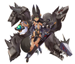 Rule 34 | 1girl, animal ears, asymmetrical clothes, black gloves, black hair, dark-skinned female, dark skin, detached sleeves, fox ears, fox tail, gloves, green eyes, hair ornament, highres, holding, holding sword, holding weapon, long hair, looking at viewer, navel, original, single detached sleeve, single glove, solo, sword, tail, weapon, white background, yoshizawa tsubaki