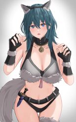 Rule 34 | 1girl, absurdres, alternate costume, animal ears, arms up, black gloves, black panties, blue eyes, blue hair, bra, breasts, byleth (female) (fire emblem), byleth (fire emblem), dagger, fake animal ears, fingerless gloves, fire emblem, fire emblem: three houses, fur-trimmed bra, fur trim, gloves, highres, jewelry, knife, large breasts, looking at viewer, navel, nintendo, panties, parted lips, peli cantaro, pendant, solo, tail, underwear, weapon, wolf ears, wolf tail