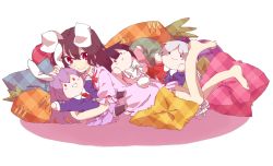 Rule 34 | 1girl, animal ears, bad id, bad pixiv id, brown hair, carrot, character doll, doll, dress, female focus, henki (orange), highres, houraisan kaguya, hug, hugging doll, hugging object, inaba tewi, looking at viewer, lying, on floor, on stomach, orange0770, pillow, rabbit ears, red eyes, reisen udongein inaba, simple background, smile, solo, stuffed toy, touhou, white background, yagokoro eirin