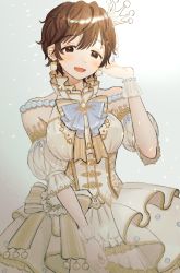Rule 34 | 1girl, :d, absurdres, blush, bow, bowtie, brown hair, collar, crown, detached sleeves, dress, earrings, frilled collar, frills, highres, idol, idolmaster, idolmaster cinderella girls, jewelry, kurata no yume, light particles, looking at viewer, mini crown, oikawa shizuku, open mouth, short hair, simple background, sleeveless, sleeveless dress, smile, solo, white dress