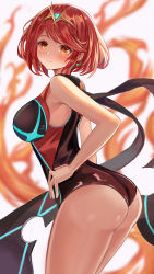 Rule 34 | 1girl, absurdres, artist request, ass, blush, breasts, competition swimsuit, fire, gem, hair ornament, he c92, headpiece, highres, jewelry, large breasts, leaning to the side, looking at viewer, nintendo, one-piece swimsuit, pyra (pro swimmer) (xenoblade), pyra (xenoblade), red eyes, red hair, short hair, simple background, smile, solo, swept bangs, swimsuit, thighs, tiara, white background, xenoblade chronicles (series), xenoblade chronicles 2