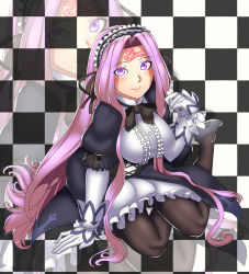 Rule 34 | 1girl, alternate costume, bow, bowtie, breasts, facial mark, fate/grand order, fate/stay night, fate (series), forehead mark, gloves, large breasts, long hair, looking at viewer, maid, medusa (fate), medusa (rider) (fate), pantyhose, purple eyes, purple hair, solo, square pupils, very long hair, yui sora