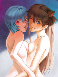 Rule 34 | 2girls, ayanami rei, bare back, blue eyes, blue hair, blush, breast press, breasts, brown hair, cheek-to-cheek, closed mouth, completely nude, couple, eyebrows hidden by hair, hair between eyes, half-closed eyes, head tilt, heads together, hug, ikuyoan, light blue hair, lipd, long hair, looking at viewer, medium breasts, multiple girls, neon genesis evangelion, nude, one eye closed, open mouth, red eyes, serious, shade, short hair, sideboob, small breasts, smile, souryuu asuka langley, symmetrical docking, two-tone background, wink, yuri