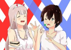 Rule 34 | 10s, 1boy, 1girl, bare shoulders, black hair, blue eyes, blush, breasts, candy, cleavage, commentary request, couple, darling in the franxx, drawwwwing, closed eyes, food, fringe trim, hair ornament, hairband, hand up, hetero, highres, hiro (darling in the franxx), holding, holding candy, holding food, holding lollipop, horns, large breasts, lollipop, long hair, nightgown, one eye closed, oni horns, pie, pink hair, plate, red horns, shirt, short hair, sleeveless, sleeveless shirt, white hairband, white shirt, zero two (darling in the franxx)