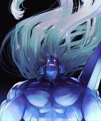 1boy abs artist_request biceps expressionless floating_hair kinnikuman large_pectorals long_hair looking_at_viewer manly mirageman_(kinnikuman) monster_boy muscular pectorals simple_background very_long_hair wrestling