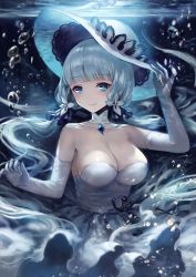 Rule 34 | 1girl, air bubble, arm up, azur lane, bare shoulders, blue eyes, blue hair, blunt bangs, blush, breasts, bubble, collarbone, detached collar, dress, elbow gloves, gem, gloves, hand on headwear, hat, highres, illustrious (azur lane), large breasts, long hair, looking at viewer, low twintails, mole, mole under eye, smile, solo, submerged, sun hat, tareme, terai (teraimorimori), twintails, underwater, very long hair, water, water surface, white dress, white gloves, white hat