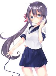 Rule 34 | 10s, 1girl, akebono (kancolle), bad id, bad twitter id, bell, blue skirt, blush, commentary request, flower, hair bell, hair between eyes, hair flower, hair ornament, jingle bell, kantai collection, long hair, looking at viewer, pleated skirt, purple eyes, purple hair, school uniform, serafuku, short sleeves, side ponytail, simple background, skirt, solo, touko (toukoneko), very long hair, white background