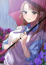 Rule 34 | 1girl, blue shirt, blush, bow, bowtie, breasts, brown eyes, chigusa minori, closed mouth, collared shirt, dress shirt, holding, holding umbrella, large breasts, light brown hair, long hair, looking at viewer, original, purple bow, purple bowtie, rain, school uniform, shirt, sidelocks, smile, solo, sweater vest, umbrella, upper body, white sweater vest