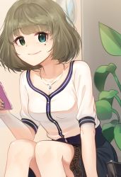 Rule 34 | 10s, 1girl, blue eyes, blush, breasts, cleavage, closed mouth, collarbone, green eyes, green hair, heterochromia, highres, idolmaster, idolmaster cinderella girls, jewelry, kamille (vcx68), looking at viewer, medium breasts, mole, mole under eye, necklace, short hair, sitting, smile, solo, takagaki kaede