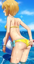 Rule 34 | 1girl, :d, adjusting clothes, adjusting swimsuit, ahoge, ass, back, ball, bare shoulders, beachball, bikini, blonde hair, blue sky, blush, breasts, day, from behind, highres, holding, holding ball, ibuki tsubasa, idolmaster, idolmaster million live!, idolmaster million live! theater days, medium breasts, ocean, ogi non, open mouth, outdoors, pink eyes, short hair, sky, smile, solo, standing, sweat, swimsuit, wading, yellow bikini