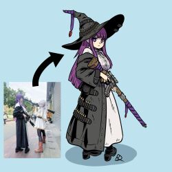 Rule 34 | 1girl, absurdres, alternate weapon, boots, breasts, bullet, commentary, dress, english commentary, fern (sousou no frieren), full body, gun, hat, highres, holding, holding gun, holding weapon, jacket, kabewski, large breasts, long hair, looking at viewer, photo inset, pouch, purple eyes, purple hair, rifle, scope, shadow, signature, sniper rifle, solo, sousou no frieren, standing, trigger discipline, weapon, witch hat