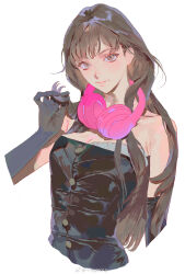 Rule 34 | 1girl, bare shoulders, black dress, black gloves, blunt ends, brown eyes, brown hair, buttons, check copyright, chinese commentary, closed mouth, commentary request, copyright request, cropped torso, dress, elbow gloves, eyelashes, flamma (immortalemignis), frilled dress, frills, gloves, headphones, headphones around neck, highres, holding, holding own hair, leather dress, lipstick, long hair, looking at viewer, makeup, original, pink headphones, pink lips, sidelocks, simple background, smile, solo, strapless, strapless dress, weibo watermark, white background