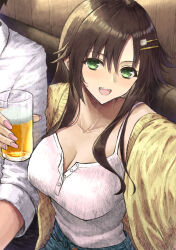 Rule 34 | 1boy, 1girl, absurdres, alcohol, alternate costume, aramachi, arm hug, beer, blush, breasts, brown hair, camisole, cardigan, cleavage, collarbone, comiket 102, commentary request, cup, denim, fingernails, highres, himekawa yuki, holding, holding cup, idolmaster, idolmaster cinderella girls, large breasts, looking at viewer, nail polish, selfie, shirt, sidelocks, smile, solo focus, white camisole, white shirt, yellow cardigan