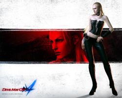 Rule 34 | 3d, blue eyes, breasts, capcom, cleavage, concept art, devil may cry, devil may cry (series), devil may cry 4, gloves, official art, official wallpaper, tatsuya yoshikawa, trish (devil may cry), wallpaper