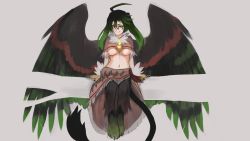 Rule 34 | 1girl, ahoge, animal hands, black hair, breasts, capelet, claws, commentary, english commentary, feathered wings, full body, fur collar, fusion, glasses, gradient hair, green eyes, green hair, grey background, griffon (monster girl encyclopedia), hair between eyes, highres, huge ahoge, large breasts, large wings, long hair, looking at viewer, monster girl, monster girl encyclopedia, monsterification, multicolored hair, navel, original, paintrfiend, raised eyebrow, rectangular eyewear, simple background, sitting, smile, solo, spread wings, stomach, tharkis, twintails, underboob, waist cape, wings