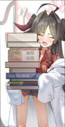 Rule 34 | 1girl, ahoge, black hair, black horns, black shorts, blue archive, blush, book, closed eyes, coat, collared shirt, demon horns, enlightenment (keimontinus), fang, hair intakes, halo, highres, holding, holding book, horns, kasumi (blue archive), lab coat, long hair, open mouth, red halo, red shirt, shirt, shirt tucked in, shorts, sleeves past fingers, sleeves past wrists, smile, solo, white coat
