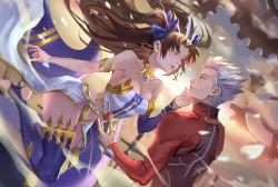 Rule 34 | 1boy, 1girl, archer (fate), armlet, black hair, blue ribbon, breasts, cleavage, detached sleeves, earrings, eye contact, fate/grand order, fate (series), gears, hair ribbon, hand on another&#039;s cheek, hand on another&#039;s face, hoop earrings, ishtar (fate), ishtar (fate), jewelry, ji wuming, long hair, looking at another, pixiv fate/grand order contest 1, red eyes, ribbon, silver hair, single detached sleeve, single thighhigh, stirrup legwear, strapless, sword, thighhighs, toeless legwear, two side up, unlimited blade works (fate), weapon