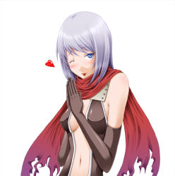 Rule 34 | 1girl, :p, assassin cross (ragnarok online), blue eyes, blush, breasts, elbow gloves, gloves, heart, medium breasts, navel, one eye closed, ragnarok online, scarf, shinnoji, sideboob, solo, tongue, tongue out, wink