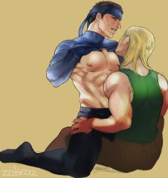 Rule 34 | 2boys, abs, blush, kazuhira miller, licking, male focus, metal gear (series), metal gear solid, multiple boys, muscular, nipples, pectorals, solid snake, straddling, undressing, wince, yaoi