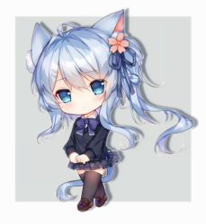 Rule 34 | ahoge, animal ears, asashio (azur lane), asashio (the transfer student underneath the dancing petals) (azur lane), azur lane, black ribbon, black skirt, black thighhighs, blue eyes, blue hair, blush, brown footwear, cat ears, cat girl, cat tail, chibi, closed mouth, collared shirt, flower, full body, hair between eyes, hair flower, hair ornament, hair ribbon, hairclip, loafers, long hair, long sleeves, looking at viewer, pink flower, plaid, plaid skirt, pleated skirt, puffy long sleeves, puffy sleeves, ribbon, school uniform, shirt, shoes, skirt, solo, standing, sweater, tail, tengxiang lingnai, thighhighs, very long hair, white shirt