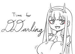 Rule 34 | 10s, 1girl, breast expansion, breasts, darling in the franxx, english text, eyeshadow, greyscale, hairband, horns, large breasts, makeup, matsu-sensei, monochrome, necktie, open mouth, pun, simple background, solo, straight hair, white background, white hairband, zero two (darling in the franxx)