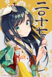 Rule 34 | 1girl, 2017, animal, animal on head, artist name, bird, bird on hand, bird on head, black hair, blush, chick, closed mouth, floral background, floral print, from side, green eyes, happy new year, head tilt, highres, holding, holding animal, japanese clothes, kimono, long hair, looking at viewer, nail polish, new year, obi, on head, original, red nails, sash, shigure ui, signature, smile, solo, swept bangs, upper body, white kimono