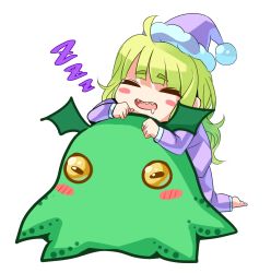 Rule 34 | blush stickers, chibi, commentary request, cthulhu, cthulhu mythos, drooling, green hair, highres, long hair, monster, open mouth, original, osanai (shashaki), pajamas, pom pom (clothes), saliva, sharp teeth, shashaki, sleeping, sleeping on person, smile, teeth, tentacles, wings, zzz