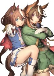 Rule 34 | 2girls, absurdres, animal ears, blue eyes, brown hair, cowboy shot, dress, erulusyro, foot out of frame, foreshortening, gloves, green dress, highres, horse ears, horse girl, horse tail, knee up, light smile, long hair, looking at viewer, miniskirt, multicolored hair, multiple girls, parted lips, pointing, pointing at viewer, ponytail, purple eyes, simple background, skirt, streaked hair, symboli rudolf (umamusume), tail, thighs, tokai teio (umamusume), umamusume, white background, white gloves