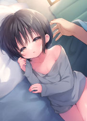 Rule 34 | 1boy, 1girl, bad id, bad twitter id, black hair, breasts, brown hair, collarbone, commentary request, curtains, day, grey shirt, hair between eyes, half-closed eyes, highres, long sleeves, looking at viewer, lying, off shoulder, on side, original, out of frame, parted lips, pillow, shirt, sleeves past wrists, small breasts, solo focus, sunlight, under covers, usashiro mani, window