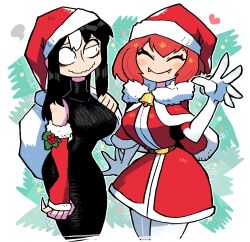 Rule 34 | 2girls, absurdres, bell, black dress, breasts, carla carmilla (rariatto), christmas, closed eyes, cocked eyebrow, cropped legs, detached sleeves, dress, fangs, gloves, hat, heart, highres, large breasts, long fingers, long hair, multiple girls, neck bell, noss (rariatto), open hands, original, outside border, pantyhose, rariatto (ganguri), red hair, red sleeves, ribbed dress, sack, santa dress, santa hat, vampire, wavy mouth, white bag, white gloves, white pantyhose