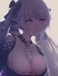 Rule 34 | 1girl, azur lane, bad id, bad pixiv id, bare shoulders, between breasts, black bow, black dress, blush, bow, breasts, brown background, brown eyes, cleavage, clothing cutout, collarbone, commentary request, dated, dress, formidable (azur lane), frilled dress, frills, grey hair, hair bow, highres, large breasts, long hair, looking away, minyom, parted lips, shoulder cutout, signature, simple background, solo, twintails