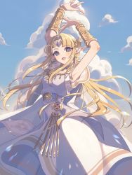 Rule 34 | 1girl, armor, armpits, blonde hair, blue eyes, braces, breasts, circlet, cloud, cloudy sky, dress, earrings, gem, jewelry, long hair, looking at viewer, miri (cherryjelly), nintendo, open mouth, pointy ears, princess zelda, sky, small breasts, smile, solo, super smash bros., the legend of zelda, the legend of zelda: a link between worlds, very long hair
