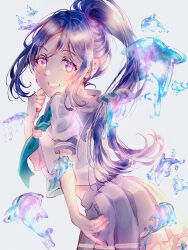Rule 34 | 1girl, birthday, blue hair, commentary, dolphin, grin, high ponytail, blue background, long hair, looking at viewer, love live!, love live! sunshine!!, matsuura kanan, pinapo 25, ponytail, purple eyes, school uniform, short sleeves, sidelocks, smile, solo focus, upper body, uranohoshi school uniform, water