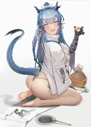 Rule 34 | 1girl, :d, absurdres, arknights, ass, bare legs, barefoot, black gloves, black panties, blue eyes, blue hair, blush, braid, breasts, calligraphy brush, cup, dragon girl, dragon horns, dragon tail, earrings, elbow gloves, from side, full body, gloves, gourd, highres, holding, holding cup, horns, ink, jacket, jewelry, large breasts, ling (arknights), long hair, long sleeves, looking at viewer, looking to the side, open clothes, open jacket, open mouth, paintbrush, panties, pointy ears, scroll, simple background, sitting, smile, solo, somnuss, tail, underwear, very long hair, wariza, white background, white jacket