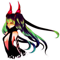 Rule 34 | 1girl, bad id, bad pixiv id, green eyes, green hair, hatsune miku, horns, ichiko (dragn), long hair, matching hair/eyes, simple background, solo, twintails, very long hair, vocaloid