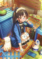 Rule 34 | 1girl, aiuabo, animal, black hair, bonsai, cat, fence, highres, holding, long hair, maid, maid headdress, original, outdoors, paint, paint on body, paint roller, paw print, smile, squatting, twintails, watering can