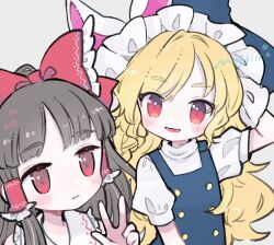 Rule 34 | 2girls, :d, blonde hair, blunt bangs, blush, bow, closed mouth, commentary request, expressionless, flat chest, grey background, grey hair, hair bow, hair tubes, hakurei reimu, hand up, hat, highres, kirisame marisa, long hair, looking ahead, looking at another, looking to the side, lower teeth only, m (m073111), multiple girls, open mouth, puffy short sleeves, puffy sleeves, red eyes, short sleeves, simple background, smile, swept bangs, teeth, touhou, turtleneck, upper body, very long hair, vest, w, wavy hair, witch hat