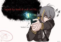 Rule 34 | 1boy, 1girl, aiming, blonde hair, commentary, english commentary, english text, faye 582, finger on trigger, flying sweatdrops, grey hair, hat, highres, hololive, hololive english, jacket, multicolored hair, mythbreakers (hololive english), shaded face, short hair, simple background, speech bubble, streaked hair, taser, twitter username, victor (mythbreakers), virtual youtuber, white background, world of darkness, yellow eyes, yuul b alwright (mythbreakers)