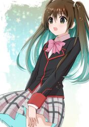 Rule 34 | 1boy, aqua hair, black eyes, black jacket, blush, bow, brown hair, collared shirt, colored inner hair, commentary, cosplay, covering crotch, covering privates, cowboy shot, embarrassed, frown, grey skirt, hair between eyes, highres, jacket, little busters!, little busters! school uniform, long hair, long sleeves, looking down, miniskirt, multicolored hair, naoe riki, official alternate costume, pink bow, piyo (kinkooo333), plaid, plaid skirt, pleated skirt, school uniform, shirt, simple background, skirt, solo, sparkle, star (symbol), tareme, tokido saya, tokido saya (cosplay), trap, two side up, weapon