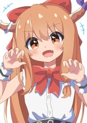 Rule 34 | +++, 1girl, :d, absurdres, bow, bowtie, brown eyes, brown hair, brown horns, buttons, claw pose, commentary, eyes visible through hair, fang, hair bow, hands up, high meron, highres, horns, ibuki suika, long hair, looking at viewer, open mouth, red bow, red bowtie, shirt, sidelocks, simple background, sleeveless, sleeveless shirt, smile, solo, split mouth, torn clothes, torn shirt, torn sleeves, touhou, upper body, white background, white shirt, wrist cuffs
