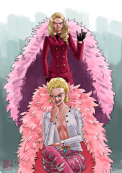 Rule 34 | blonde hair, cleavage cutout, breasts, coat, donquixote doflamingo, formal, genderswap, genderswap (mtf), gloves, highres, jacket, large breasts, long hair, looking at viewer, official alternate costume, one piece, pirate costume, short hair, sitting, smile, suit, sunglasses, tongue, tongue out
