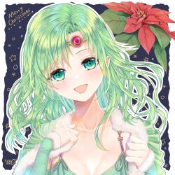 Rule 34 | 1girl, aged up, breasts, christmas, cleavage, final fantasy, final fantasy iv, green eyes, green hair, hair ornament, highres, long hair, looking at viewer, medium breasts, rydia (ff4), smile, solo, xxxyu-noxxx