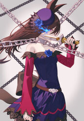 Rule 34 | 1girl, animal ears, arm at side, bare shoulders, belt, black bow, blue flower, blue rose, bow, breasts, brown hair, chain, collar, covering own mouth, dagger, dress, flaming eye, floating hair, flower, grey background, hand up, hat, highres, holding, holding dagger, holding knife, holding weapon, horse ears, horse girl, horse tail, knife, long hair, long sleeves, looking at viewer, off-shoulder dress, off shoulder, purple dress, purple eyes, purple hat, rang c, rice shower (umamusume), rose, sideways glance, small breasts, solo, tail, umamusume, upper body, weapon