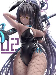 Rule 34 | 1girl, animal ears, anti-materiel rifle, arm behind head, armpits, black hair, black leotard, blue archive, blue ribbon, bolt action, bow, bowtie, breasts, closed mouth, commentary, covered navel, cowboy shot, curvy, dark-skinned female, dark skin, detached collar, fishnet pantyhose, fishnets, gloves, gun, high ponytail, highleg, highleg leotard, highres, holding, holding gun, holding weapon, karin (blue archive), karin (bunny) (blue archive), large breasts, leotard, long hair, looking to the side, official alternate costume, pantyhose, playboy bunny, rabbit ears, resolution mismatch, ribbon, rifle, silver bullet (ecc12 8), simple background, sniper rifle, solo, source smaller, strapless, strapless leotard, thick thighs, thighs, thong leotard, traditional bowtie, twisted torso, very long hair, weapon, white background, white gloves, wide hips, yellow eyes