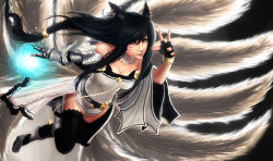 Rule 34 | 1girl, ahri (league of legends), alternate costume, animal ears, artnohearts, artnothearts, bare shoulders, black eyes, black hair, black thighhighs, boots, bracelet, breasts, cleavage, earrings, facial mark, fingerless gloves, fox ears, fox tail, gauntlets, gloves, highres, jewelry, league of legends, lips, long hair, multiple tails, running, smile, solo, tail, thighhighs, whisker markings, yellow eyes, zettai ryouiki